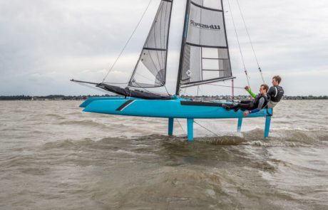 A foiling catamaran. Coaching from Windsport