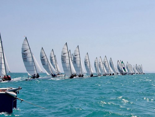 Dart 18 catamarans on start line